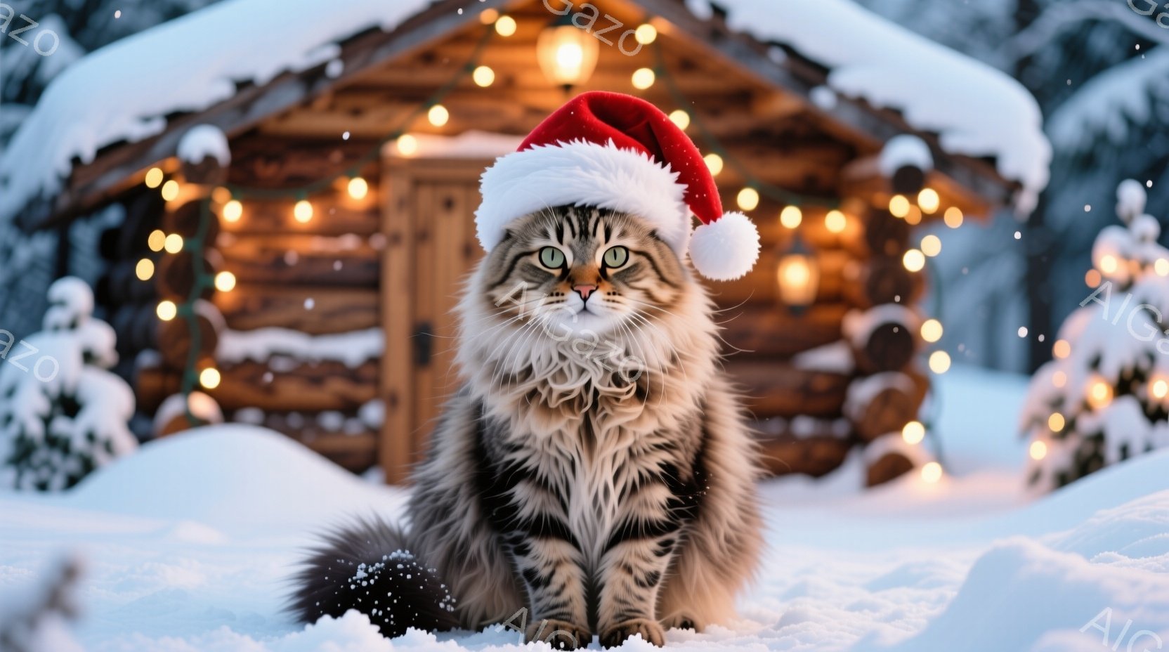 ふわふわの灰色の毛並みを持つ猫が、赤いサンタ帽をかぶって雪の上に座っています。猫は正面を見据え、緑色の瞳が印象的です。背景には、イルミネーションで飾られたログハウスがあり、雪景色の中で温かく幻想的な雰囲気を醸し出しています。
