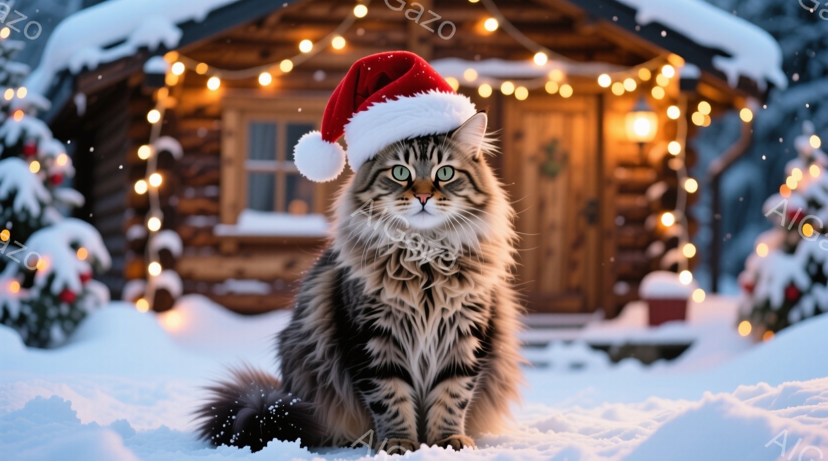 縞模様の小さな子猫が、クリスマスツリーのオーナメントを追いかけるように飛び跳ねています。背景には、きらめくライトで飾られたクリスマスツリーと、プレゼントボックス、暖炉が見え、お祝いの雰囲気が漂っていま - AI生成フリー素材