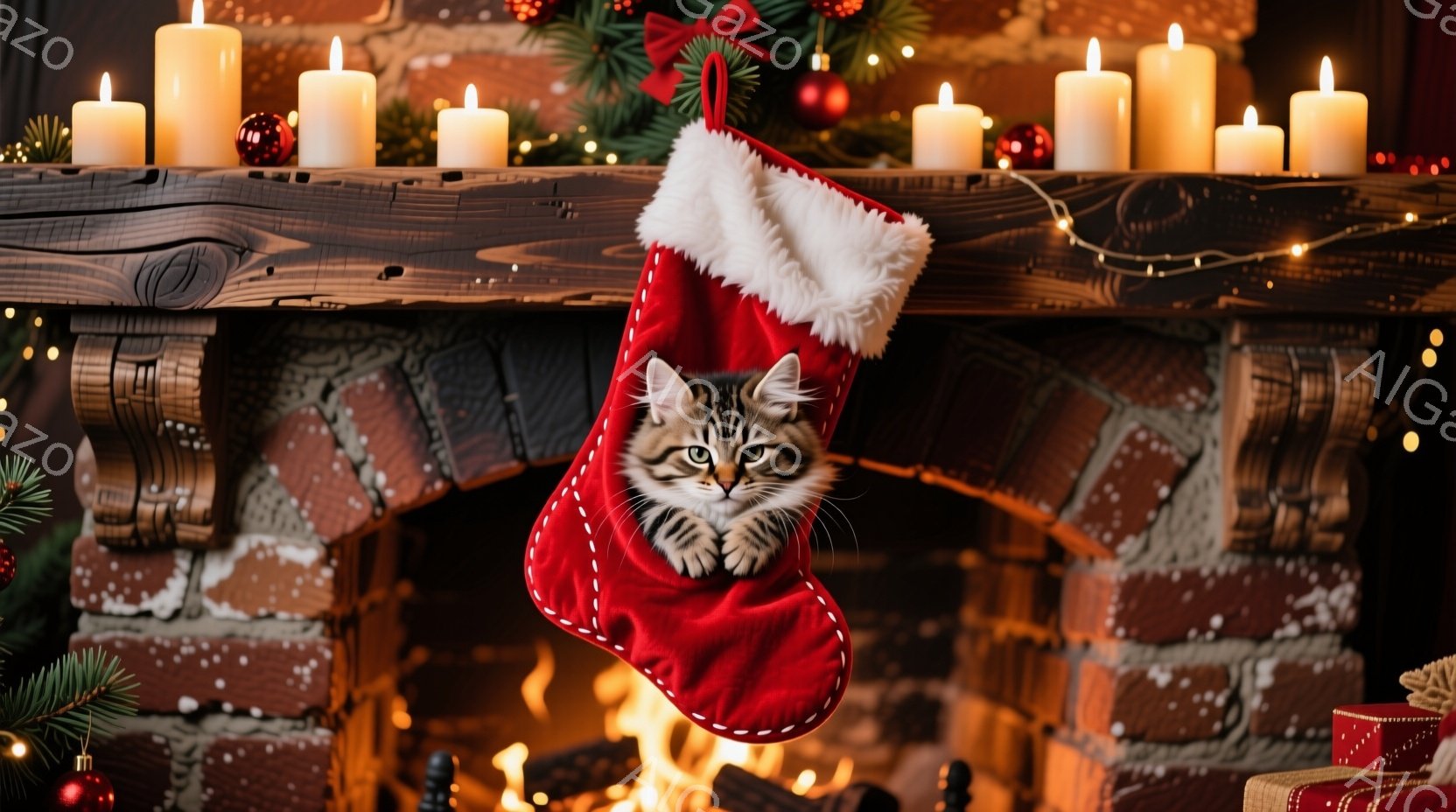 赤いクリスマスストッキングの中に、縞模様の小さな子猫が顔を出しています。暖炉のレンガ壁と光る炎が背景にあり、プレゼントの箱やクリスマスツリーの飾りも少し見えます。全体的に、暖かく、居心地の良い、クリス - AI生成フリー素材