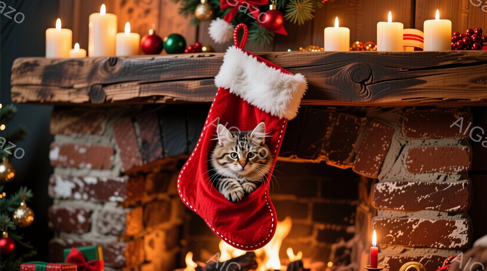 赤いクリスマスストッキングの中から、縞模様の小さな子猫が顔を出しています。暖炉のレンガ造りの壁と、点灯したキャンドルが温かい雰囲気を醸し出しており、背景にはプレゼントボックスが見えます。子猫は好奇心い - AI生成フリー素材