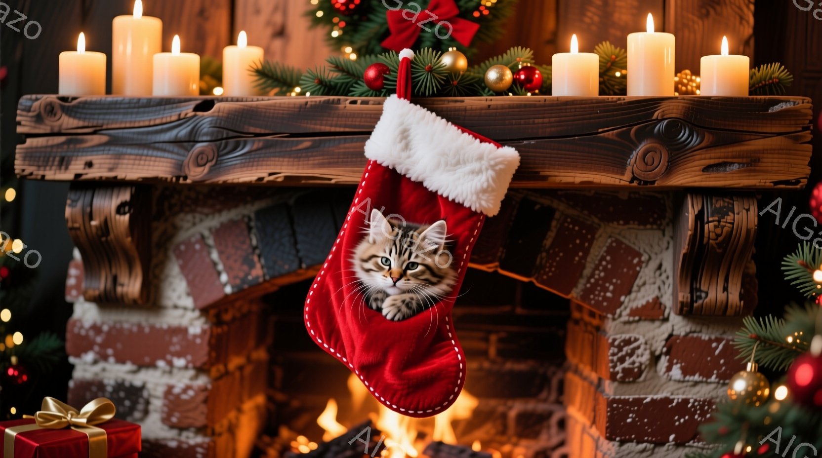 クリスマスを祝う暖炉の情景が見られます。赤いクリスマスストッキングの中に、縞模様の小さな子猫が顔を覗かせ、好奇心と遊び心に満ちた表情をしています。背景には、クリスマスツリーの飾り、キャンドル、そして暖炉の中で燃える炎があり、温かく、居心地の良い雰囲気を醸し出しています。