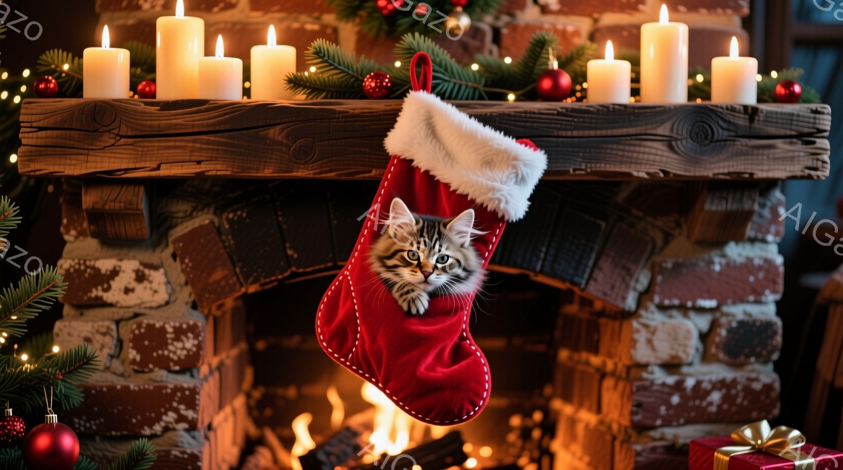 赤いクリスマスストッキングの中に、小さなキティが顔を出している。背景にはレンガ造りの暖炉と、点灯されたキャンドル、クリスマスツリーの飾りが見え、暖炉の中には炎が燃えている。全体的に暖かく、居心地の良いクリスマスの雰囲気が漂っている。