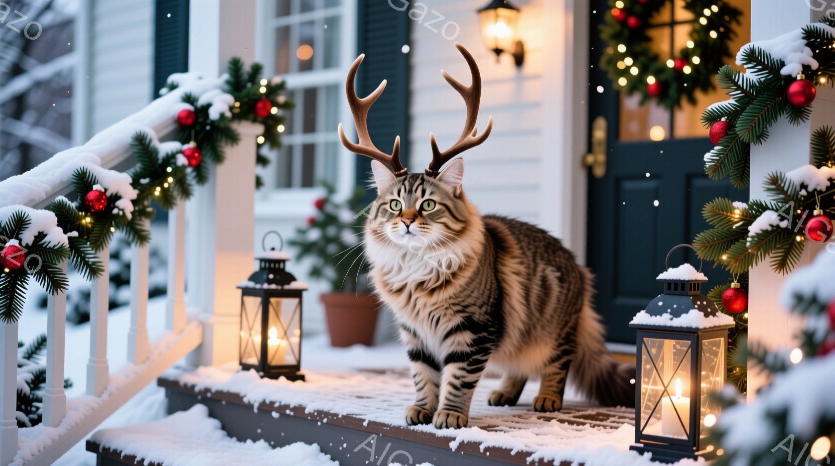 縞模様の大きな猫が、クリスマスの飾り付けがされた家の外の階段に立っています。頭には角の飾りをつけており、少し驚いたような表情をしています。背景には雪が降り積もり、暖かく光るランタンとクリスマスリースが - AI生成フリー素材