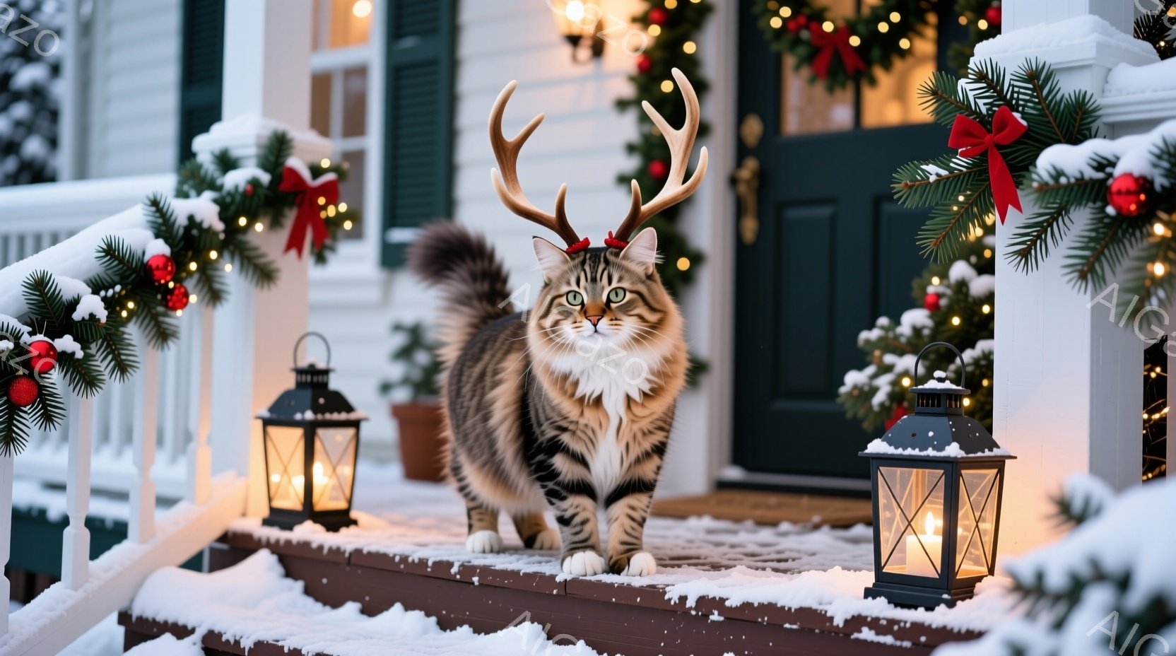 長い毛並みの茶トラ猫が、クリスマスの角飾りをつけて家の玄関ポーチの階段に立っている。背景にはクリスマスリースやイルミネーションが飾られ、雪が積もっていることから冬の暖かい雰囲気を感じさせる。猫は前方をまっすぐ見つめ、自信に満ちた表情をしている。