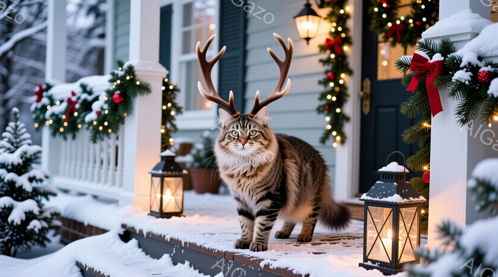 雪に覆われた家のポーチに、縞模様の猫が立っています。猫は頭に角のような飾りを付けており、少し驚いたような表情をしています。背景にはクリスマス装飾が施された家と、点灯したランタンがあり、冬の暖かくお祝い - AI生成フリー素材