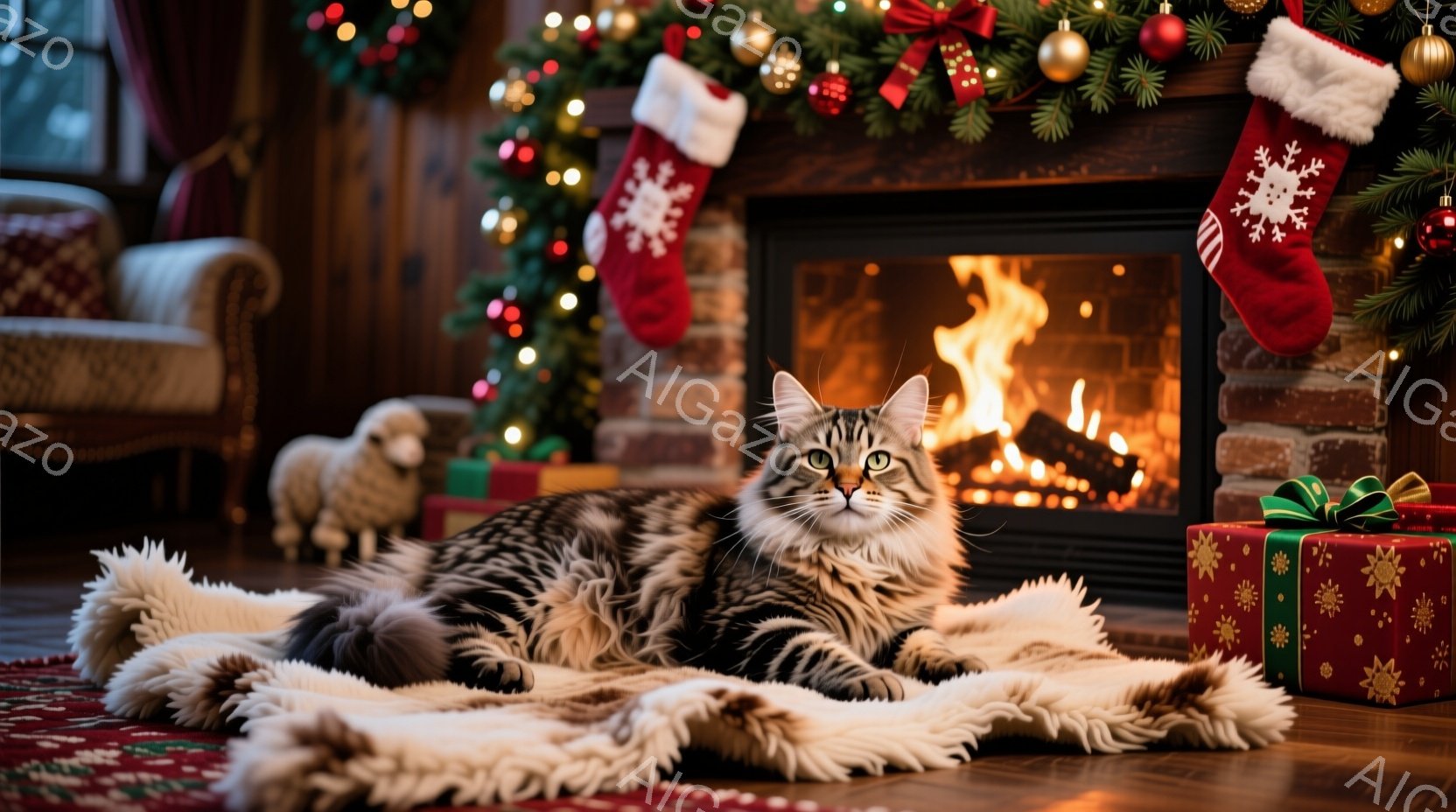 暖炉の前で、縞模様の大きな猫がふわふわの毛布の上でリラックスして横たわっています。背景には、クリスマスツリーの飾り、赤い靴下、プレゼントボックスが置かれ、温かく心地よい冬の雰囲気が漂っています。暖炉の炎が猫を照らし、部屋全体を明るくしています。