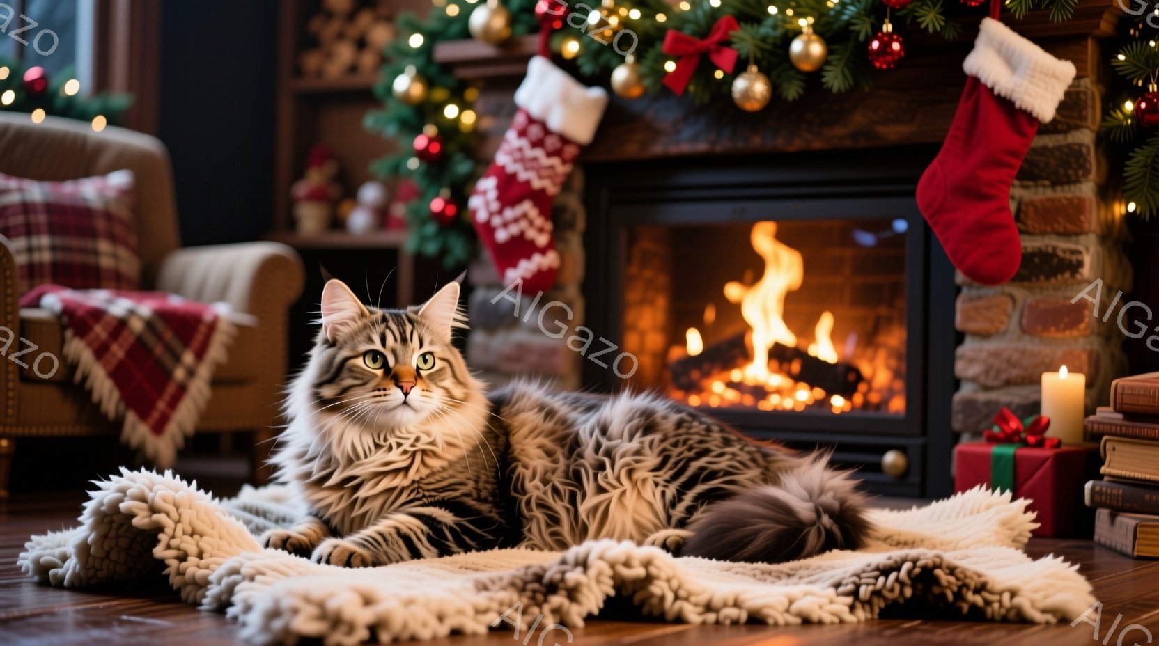 暖炉の前で、毛並みの美しい灰色の猫が白い毛布の上でリラックスして横たわっています。背景には、クリスマスツリー、靴下、プレゼント、本が並び、温かく居心地の良い雰囲気を醸し出しています。暖炉の火は明るく、 - AI生成フリー素材