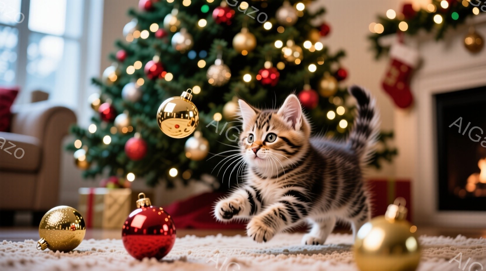 縞模様の小さな子猫が、クリスマスツリーの周りのカーペットの上を駆け出しています。周りには金色のオーナメントが散らばり、背景には飾り付けられたクリスマスツリーとプレゼントボックスが見えます。暖かく、お祝 - AI生成フリー素材