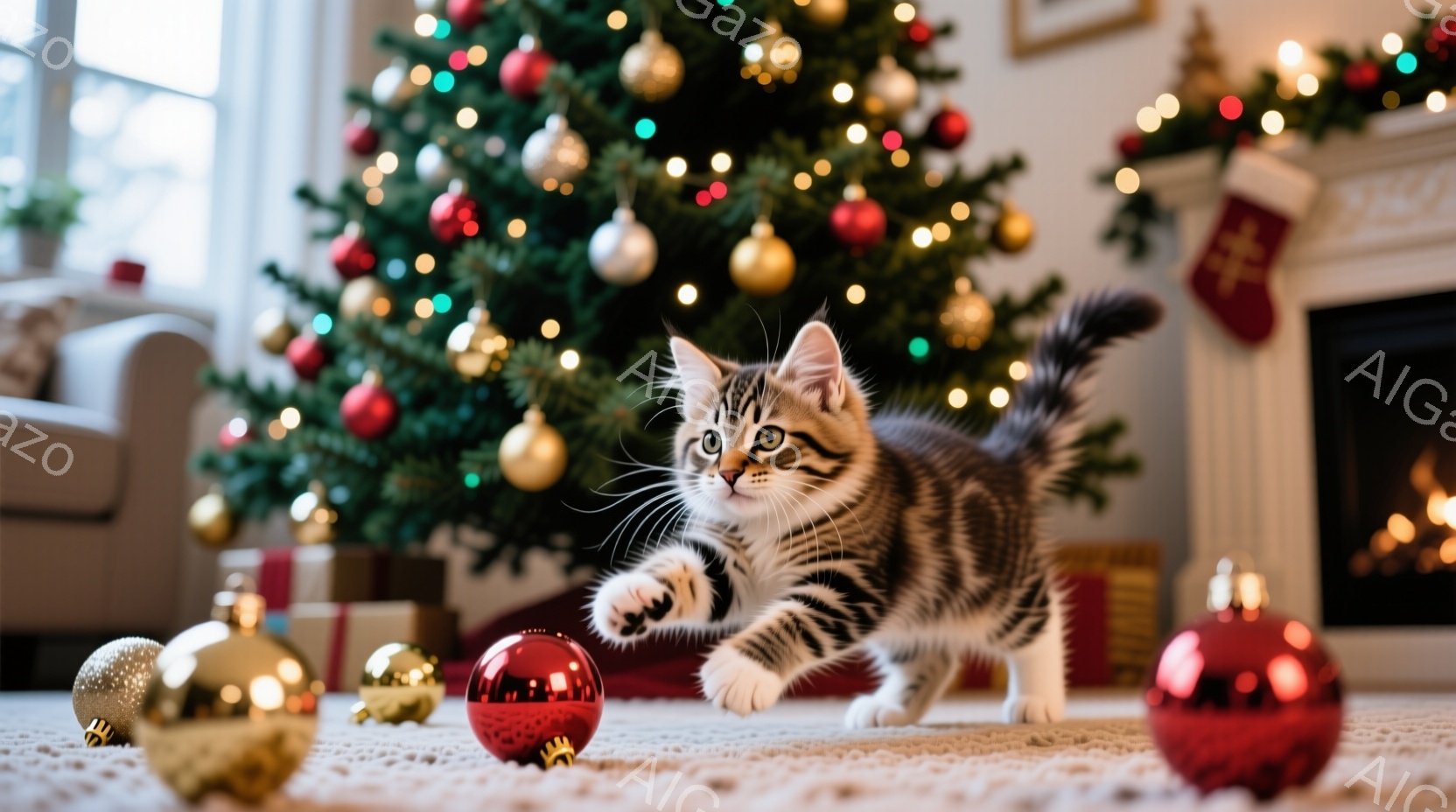白と黒の縞模様の小さな子猫が、クリスマスのオーナメントが散らばるカーペットの上で遊び、前足で赤いオーナメントを軽く叩こうとしている。背景には、飾られたクリスマスツリーと暖炉があり、温かく、お祝いの雰囲 - AI生成フリー素材