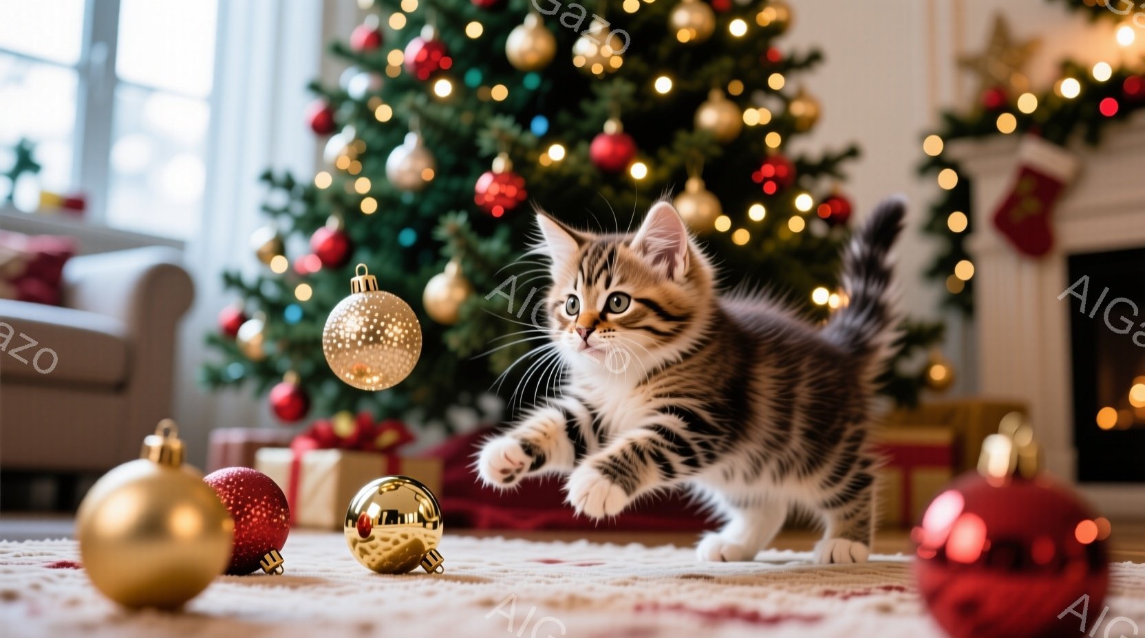 縞模様の小さな子猫が、クリスマスの飾りつけがされた部屋で遊び、宙に浮かぶ金色のオーナメントに前足を伸ばしています。背景には、装飾されたクリスマスツリー、プレゼント、暖炉が見え、部屋全体が温かく、お祝い - AI生成フリー素材