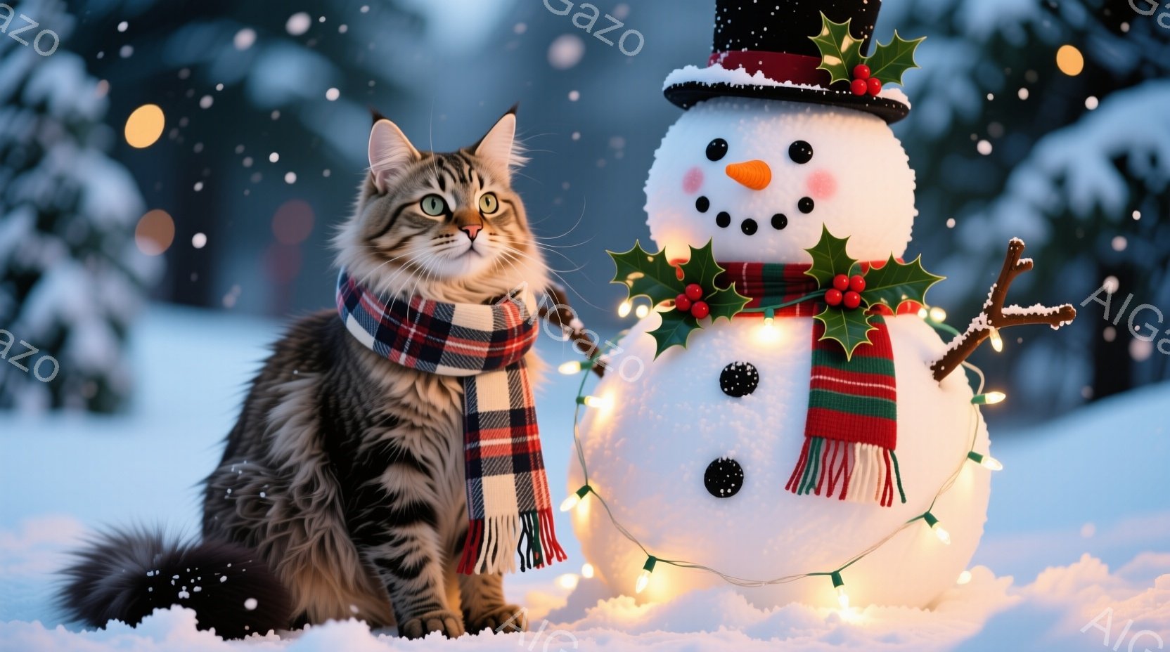 縞模様の猫が赤いチェックの巻き物を巻いて雪の上に座っており、緑の目で見つめている。背後には、にんじんの鼻と石炭のような目で飾られた雪だるまがあり、小さな帽子をかぶり、イルミネーションライトとホーリーで飾られている。背景は雪景色で、ぼやけた木々が冬の穏やかで暖かい雰囲気を醸し出している。