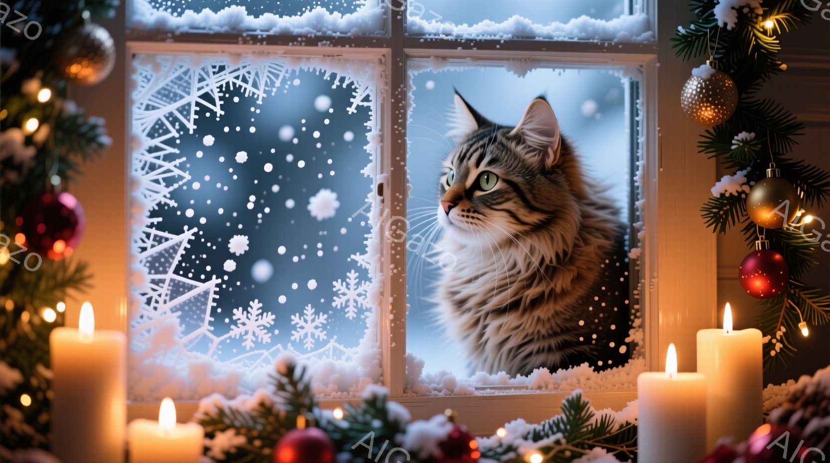 窓辺に座って外を眺める縞模様の猫が描かれています。雪が降る寒い夜で、窓には繊細な雪の結晶の模様が描かれています。背景にはクリスマスツリーと灯されたキャンドルがあり、暖かく穏やかな冬の雰囲気を醸し出して - AI生成フリー素材