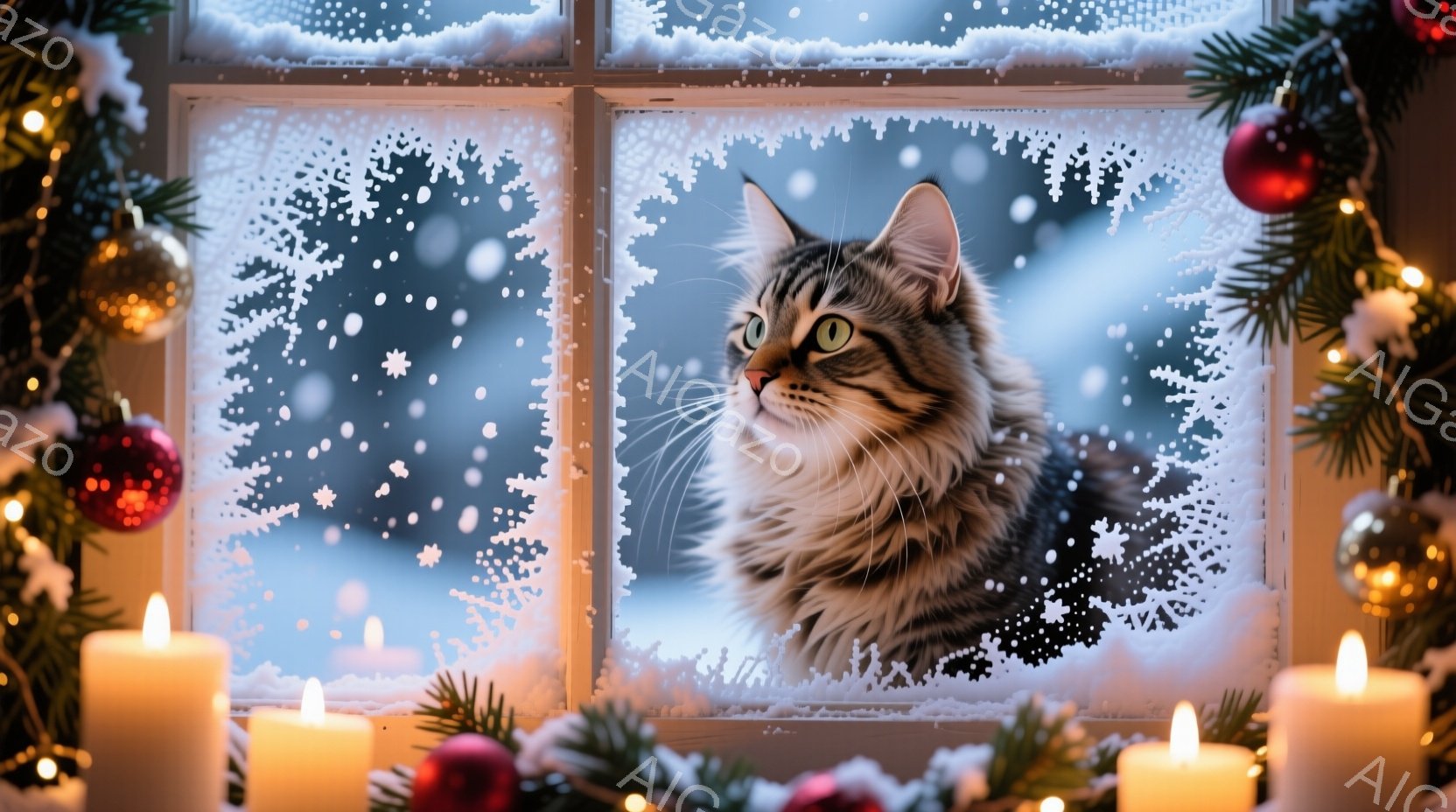 雪が降り積もる窓辺に、縞模様の美しい猫が座り、外を眺めている。背景には雪景色が広がり、窓枠にはクリスマスの飾り付けが施され、温かい光を放つキャンドルが置かれている。全体的に、温かく、静かで、クリスマス - AI生成フリー素材