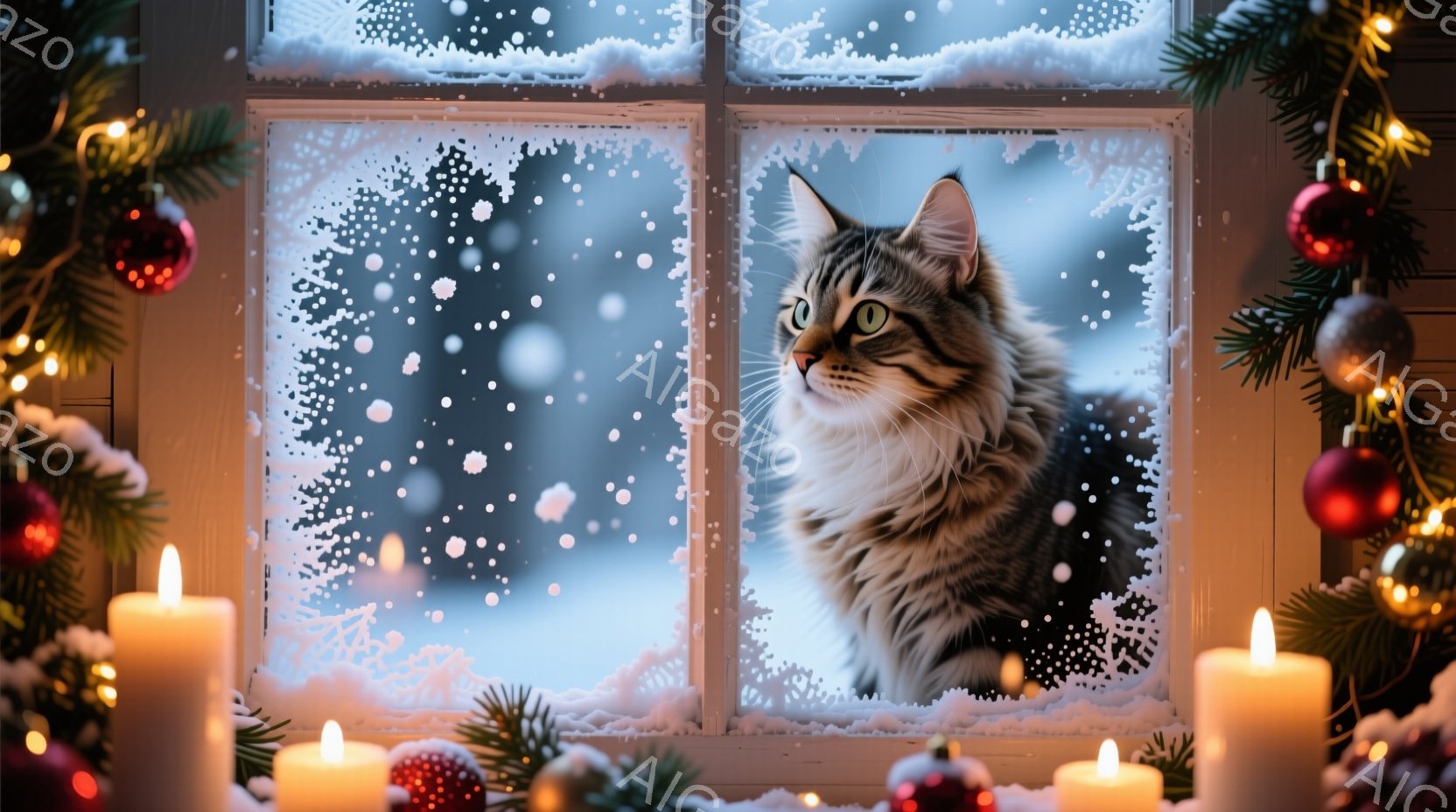 窓の外の雪景色を眺める、縞模様の猫が写っています。猫は窓枠に体を寄せ、好奇心と少しの警戒心を含んだ表情で外を見つめています。窓の周りにはクリスマスツリーの飾りや輝くキャンドルが置かれ、温かく穏やかな冬 - AI生成フリー素材