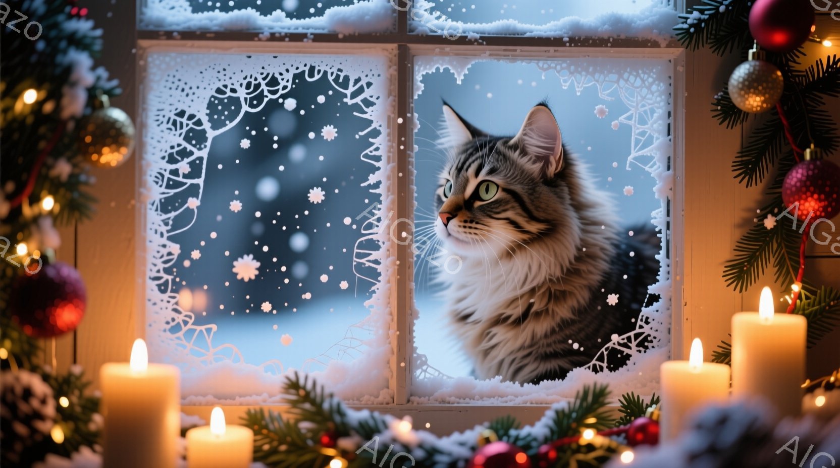 白い窓枠に寄り添う縞模様の猫が描かれている。猫は外の雪景色を静かに眺めており、その目は緑色で、どこか憂いを帯びているように見える。周囲にはクリスマスツリーの枝や点灯したキャンドルが配置され、暖かく幻想 - AI生成フリー素材