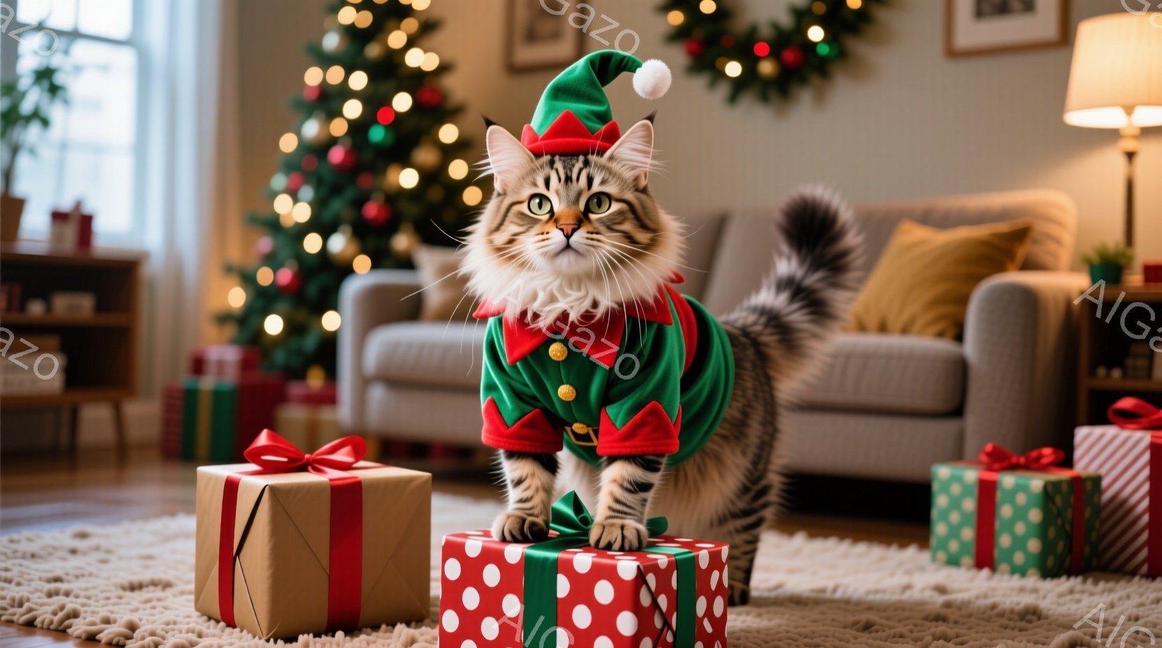 縞模様の猫が、クリスマスをテーマにした食卓に横たわっています。テーブルの上には、ジンジャーブレッドハウス、点在するクリスマスオーナメント、点灯したキャンドル、そして食事が盛り付けられた皿が置かれていま - AI生成フリー素材