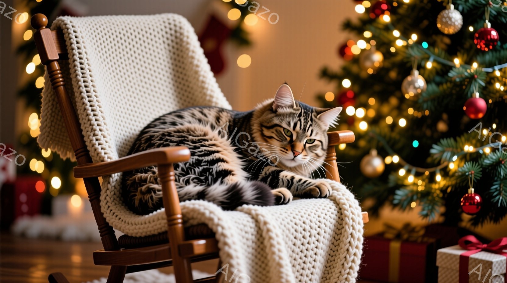 縞模様の猫が揺り椅子に丸まって座っており、リラックスした表情をしています。椅子の背もたれにはオフホワイトの編み物カバーがかけられ、背景にはクリスマスツリーとプレゼントが飾られています。暖色系の照明が全体を包み込み、温かく居心地の良い雰囲気を醸し出しています。