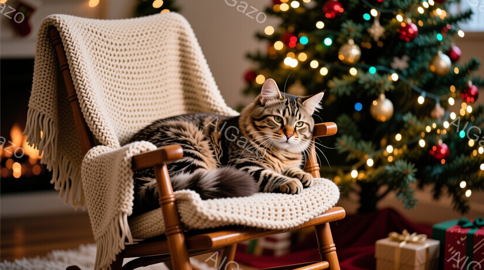 明るいリビングルームで、縞模様の猫が揺り椅子にゆったりと座っています。猫はリラックスした表情で、クリーム色のニットブランケットが椅子にかけられています。背景には、オーナメントで飾られたクリスマスツリーとプレゼントの箱がぼやけて見え、温かく穏やかなクリスマスの雰囲気を醸し出しています。