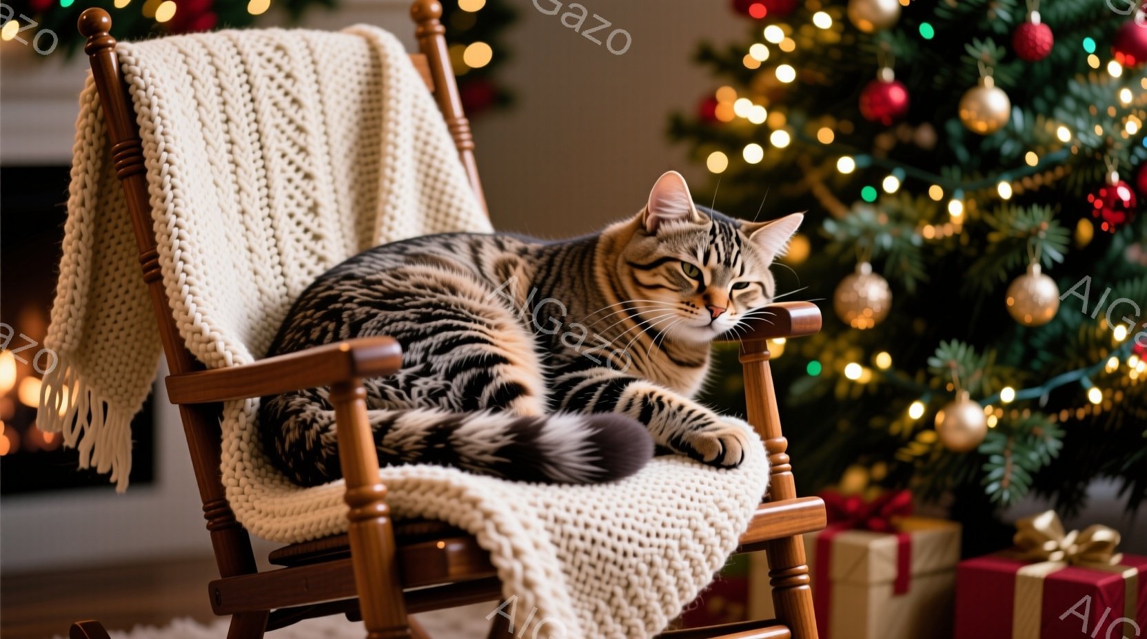 茶色と黒の縞模様の猫が、雪で覆われた木製のベンチに座って正面を見つめています。猫は赤い首輪に小さな金色の鈴がついており、とても上品な印象を与えます。背景には、ぼんやりとクリスマスマーケットの屋台や飾り - AI生成フリー素材