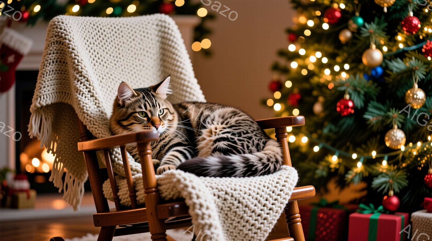 茶色のロッキングチェアに縞模様の猫が丸まって座っており、オフホワイトの編み物のブランケットが掛けられています。背景には、装飾されたクリスマスツリーとプレゼントの山があり、暖かくお祝いムードの室内が映し - AI生成フリー素材