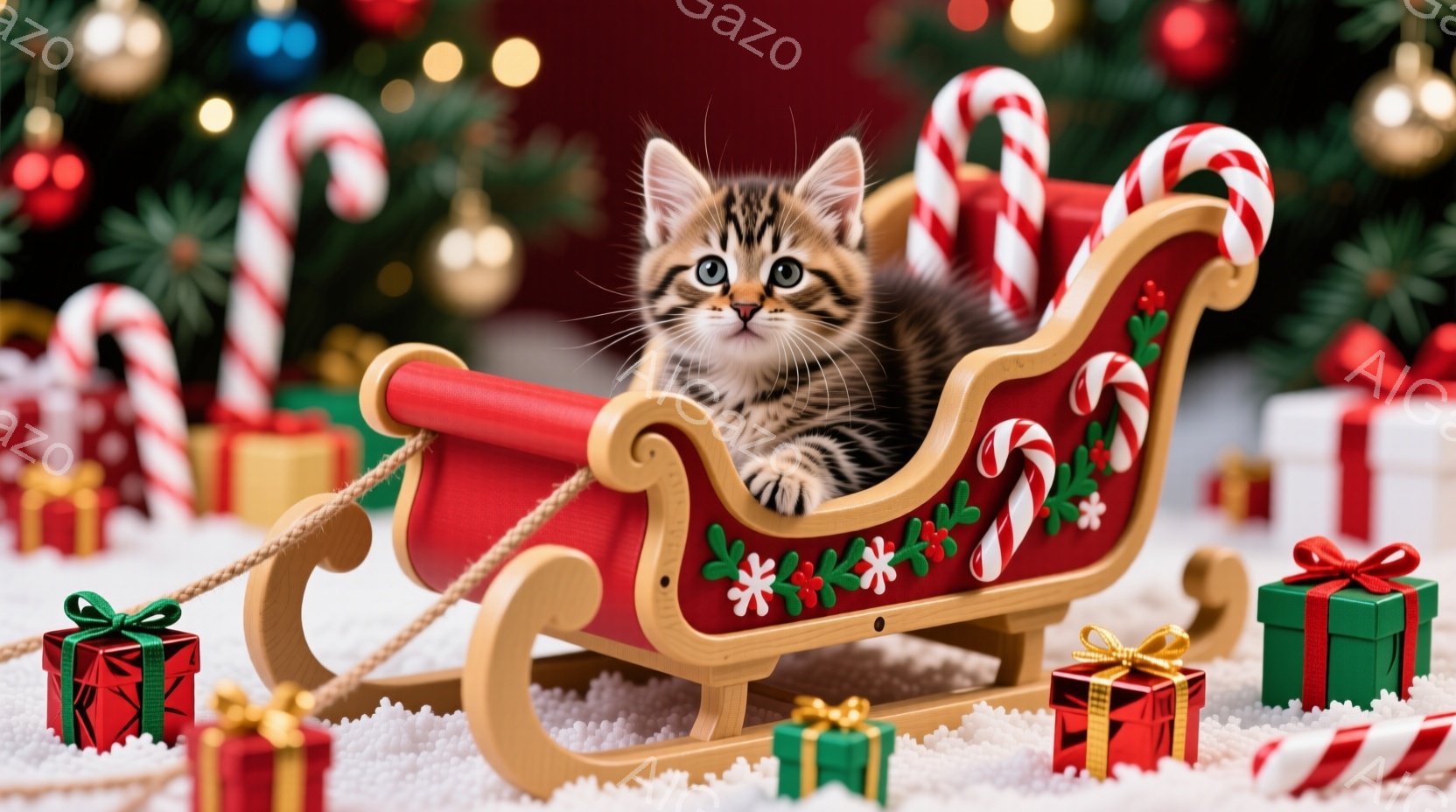 縞模様の大きな猫がカーペットの上に丸まって横たわっており、緑色のクリスマスツリーの枝の下にいます。猫は緑色の瞳でカメラを見つめ、リラックスした表情をしています。背景には、金と銀のオーナメントが飾られた - AI生成フリー素材