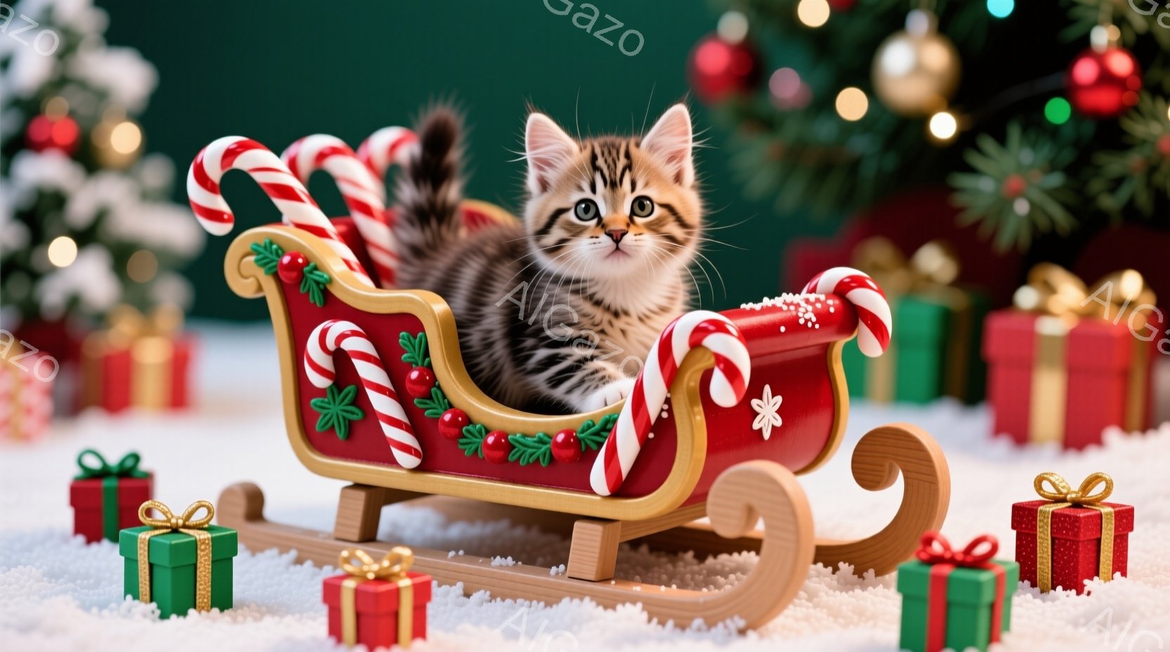 小さな縞模様の子猫が、クリスマスを象徴する赤いソリに座っています。ソリはキャンディケーンや緑の葉で飾られ、周囲には赤いリボンと緑色の包装紙で包まれた小さなプレゼントが散らばっています。背景にはぼやけた - AI生成フリー素材