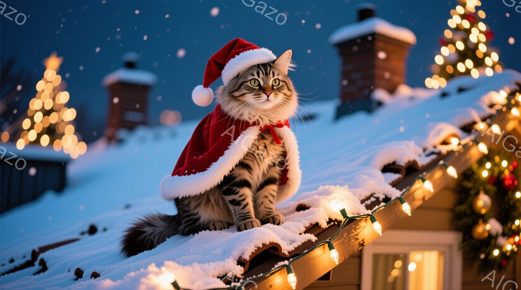 白い雪で覆われた屋根の上で、サンタの帽子をかぶった縞模様の猫が座っています。猫は少し上目遣いで何かを見つめており、リラックスした様子で冬の光景を眺めているようです。背景にはクリスマスツリーが輝き、雪が - AI生成フリー素材