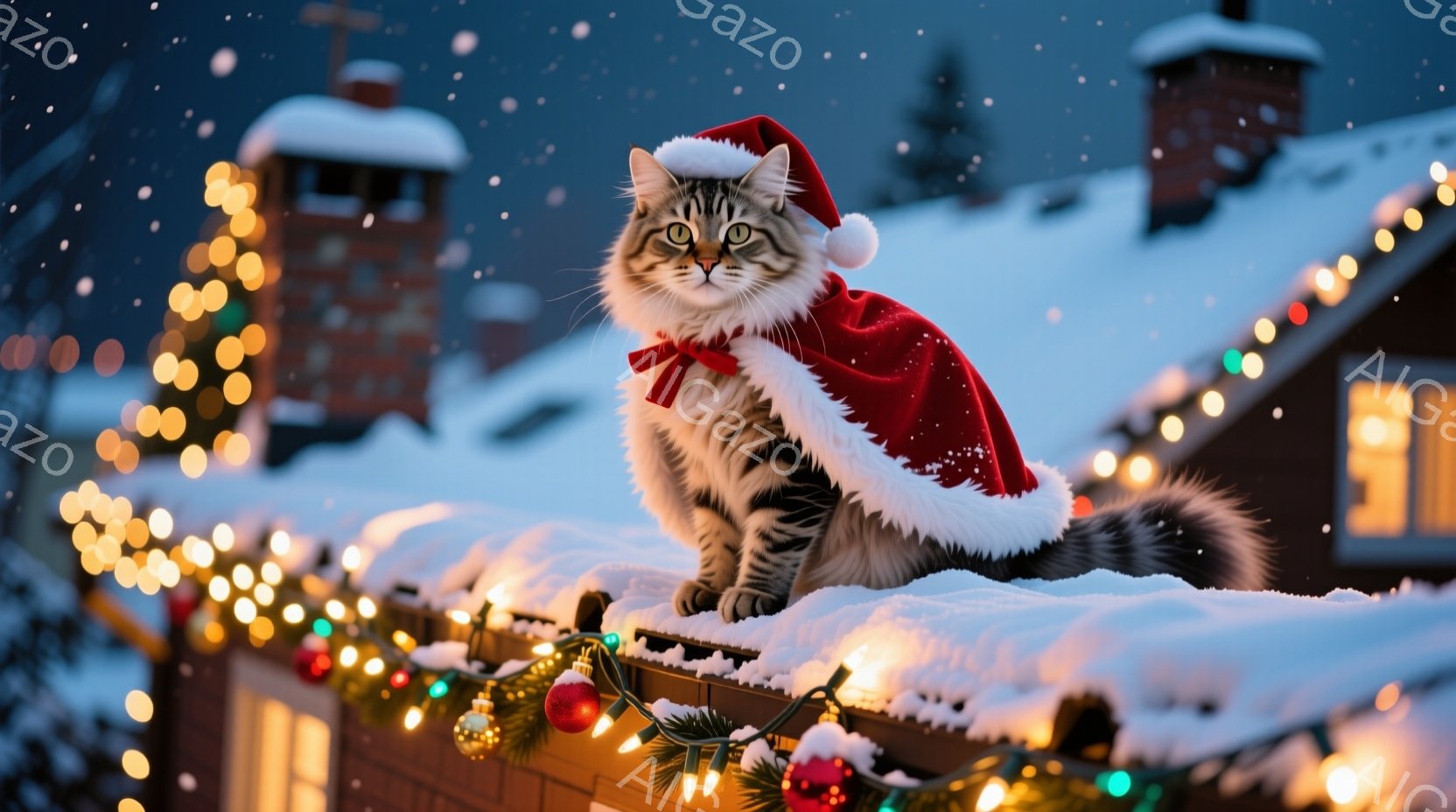雪化粧された屋根の上で、サンタの帽子をかぶった縞模様の猫が座っています。その表情は穏やかで、どこか自信に満ちているように見えます。背景には、クリスマスツリーのイルミネーションが輝き、雪が静かに降り積も - AI生成フリー素材