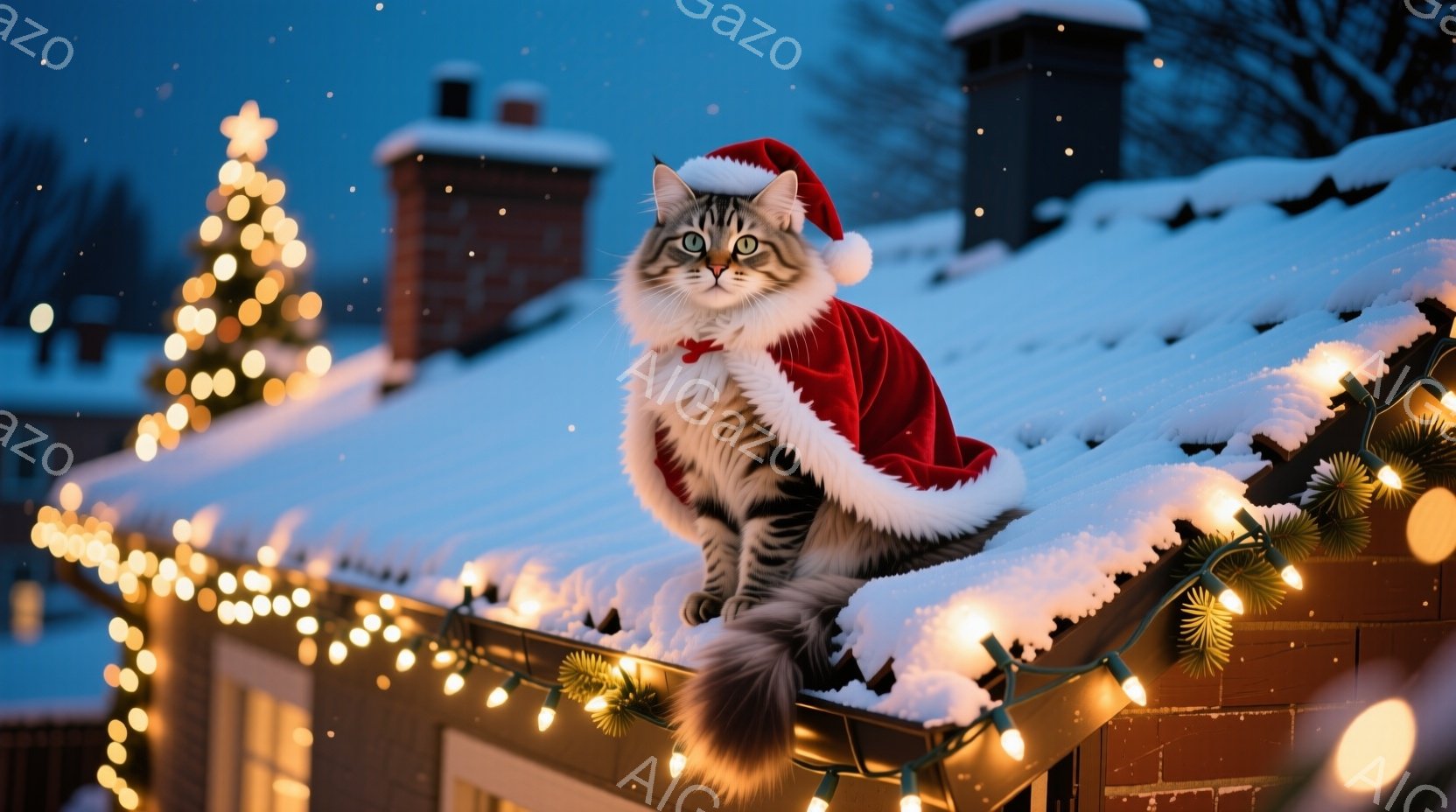白い毛並みと灰色の縞模様の猫が、赤いサンタクロースの帽子と首輪をつけ、雪積もった屋根の上にとどまっています。背景には、点灯したクリスマスライトで飾られた家屋と、ぼんやりとした夕暮れの空が広がっています。全体的に、温かく、お祝いの、冬の雰囲気が漂います。