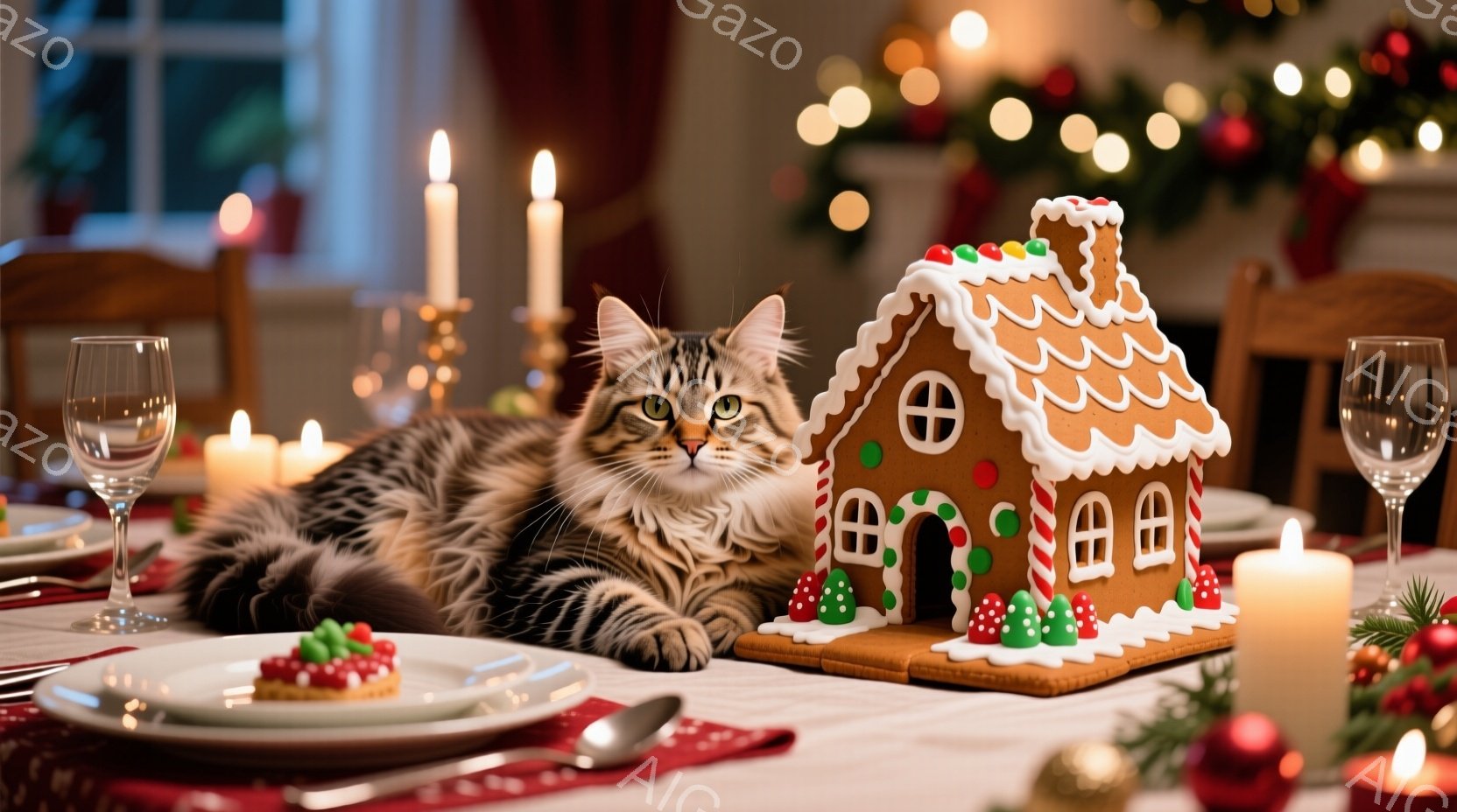 テーブルの上には、毛むくじゃらの灰色の猫が横たわり、ジンジャーブレッドハウスの横に頭を乗せてリラックスしています。テーブルには、キャンドル、お皿、フォークなどのクリスマスのディナーの準備が整っており、背景にはぼやけたクリスマスツリーの光が灯っています。全体的に暖かく、祝祭的な雰囲気で、猫がクリスマスの静かなひとときを楽しんでいる様子が伝わってきます。