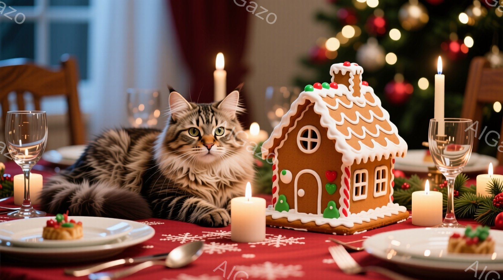 赤いテーブルクロスの上に、ジンジャーブレッドハウスとキャンドルが並べられています。縞模様の猫がジンジャーブレッドハウスのそばでくつろぎ、落ち着いた表情でカメラを見つめています。背景にはぼやけたクリスマ - AI生成フリー素材
