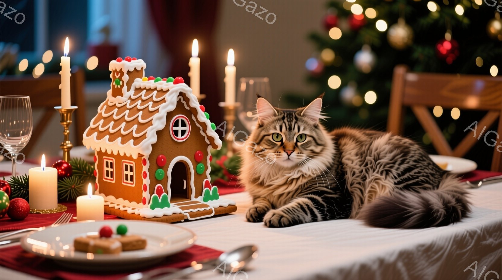 テーブルの上には、ジンジャーブレッドハウス、キャンドル、食器が並べられており、背景にはぼやけたクリスマスツリーが見えます。 長毛の縞模様の猫がリラックスして横たわり、穏やかな表情でカメラを見つめていま - AI生成フリー素材