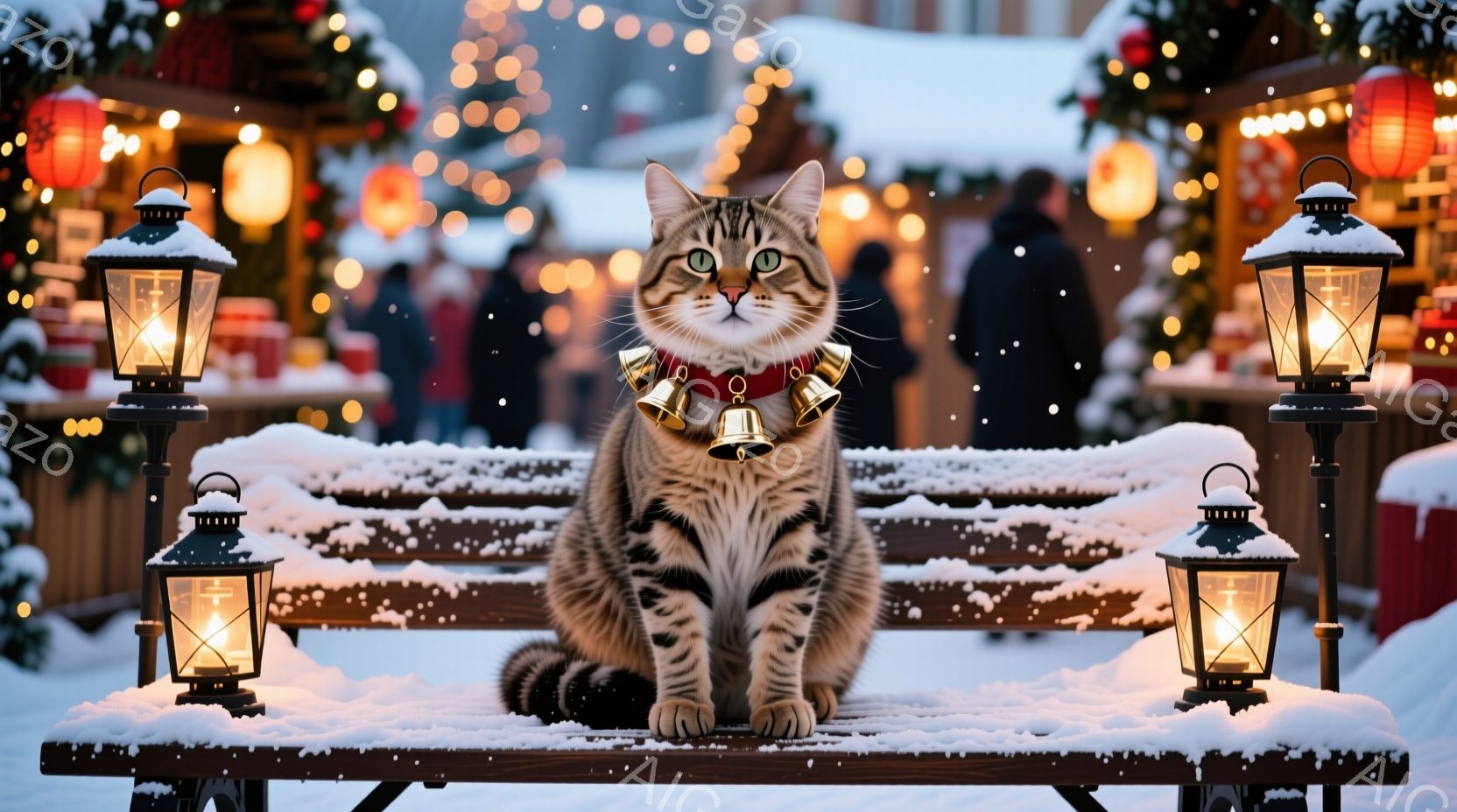 縞模様の猫が、雪で覆われた木製のベンチにどっしりと座っています。首には金色の鈴の首輪がついており、少しだけこちらを見て、穏やかな表情を浮かべています。背景にはクリスマスのイルミネーションと人々が見え、 - AI生成フリー素材