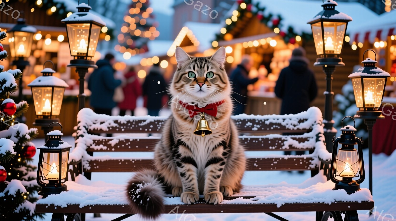 白とグレーの縞模様の猫が、雪で覆われたベンチに座ってこちらを見ています。赤い蝶ネクタイと小さなベルの飾りを身に着けており、雪が舞うクリスマスのマーケットのような背景には、点灯したランタンやぼやけた人影 - AI生成フリー素材