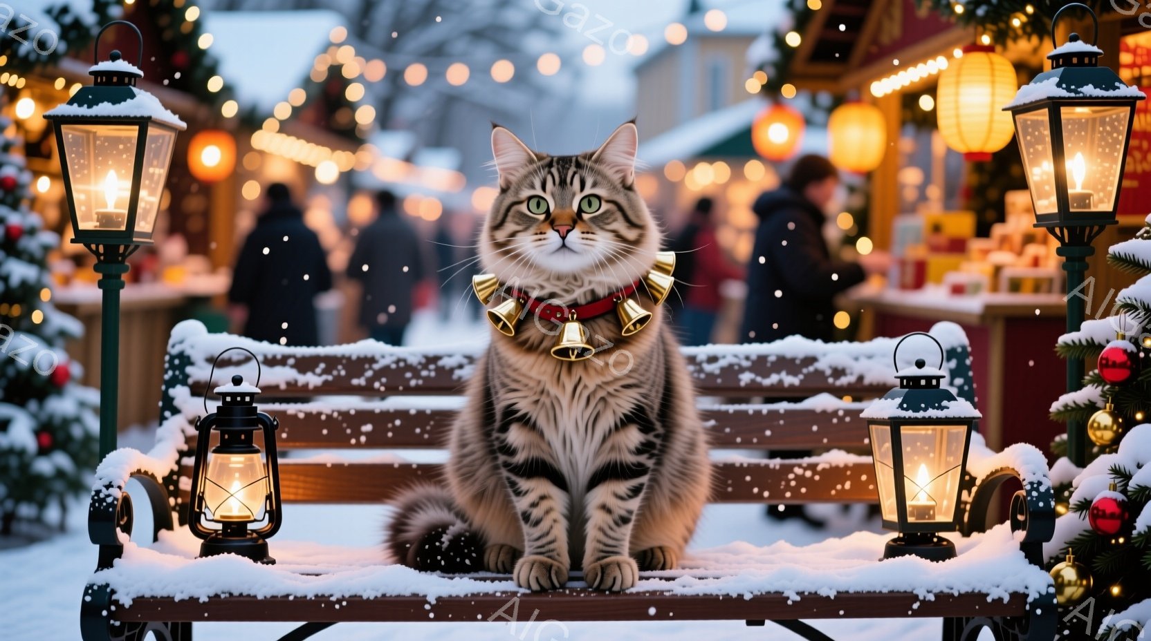 縞模様の猫が、雪が積もったベンチに座ってこちらを見ています。首には小さな鈴がついた赤い首輪をつけており、クリスマスの飾り付けがされた背景には、灯りが灯ったランタンや建物が見えます。全体的に暖かく、冬の - AI生成フリー素材