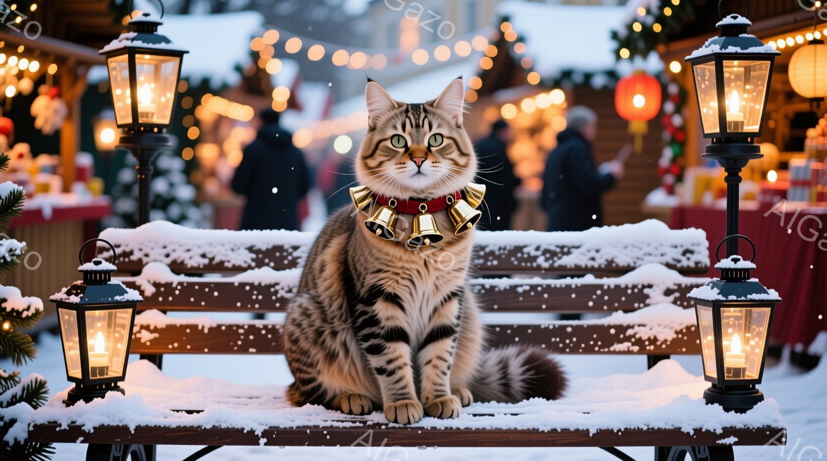 縞模様の猫が雪で覆われたベンチに座っており、赤い首輪に金色の鈴がついています。背景にはクリスマスのイルミネーションや屋台が並び、雪が舞う冬の夜の様子が描かれています。暖かく、お祭り気分を醸し出す、心安 - AI生成フリー素材