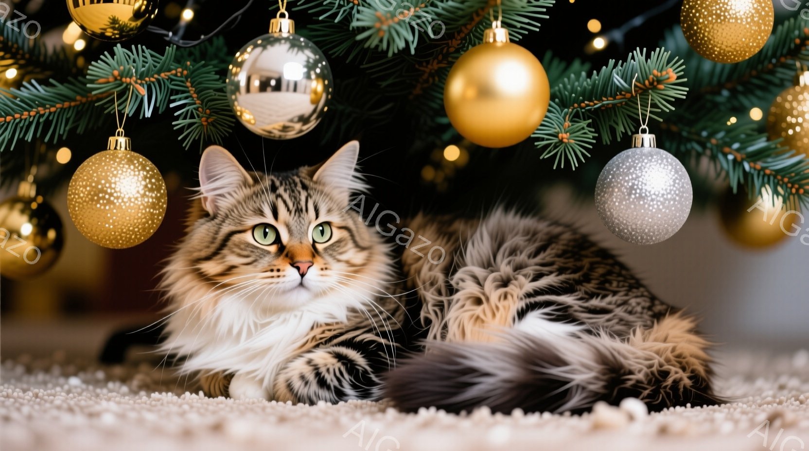 長毛の猫が明るい色のカーペットの上に丸まって横たわっています。緑色のクリスマスツリーの下で、金色のオーナメントに囲まれ、落ち着いた表情でカメラを見つめています。背景はぼやけており、暖かく穏やかなクリス - AI生成フリー素材