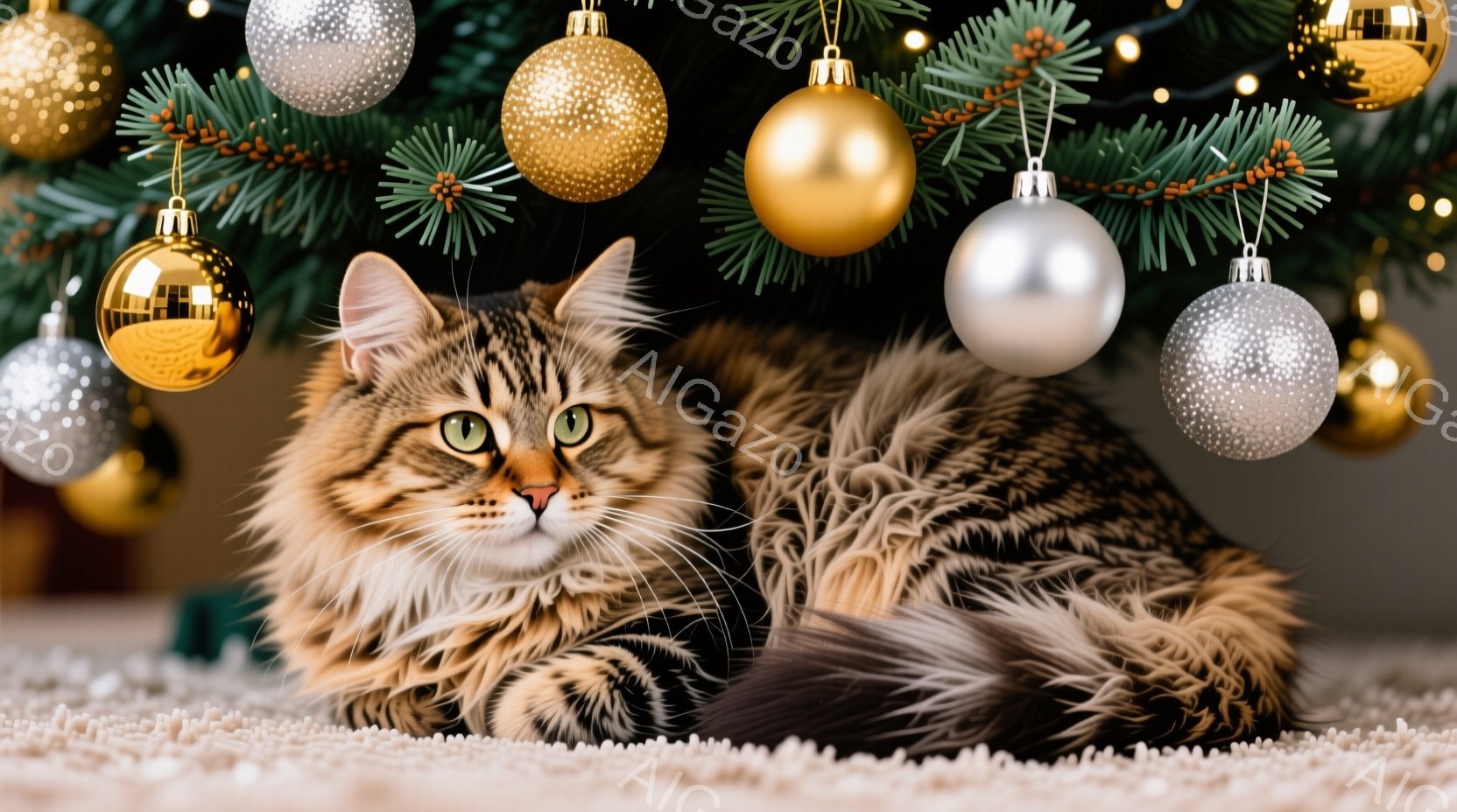 長毛の猫がカーペットの上に丸まって横たわっています。背景にはクリスマスツリーがあり、金と銀のオーナメントが飾られています。猫は緑色の目をしており、リラックスした表情で穏やかな雰囲気を醸し出しています。 - AI生成フリー素材