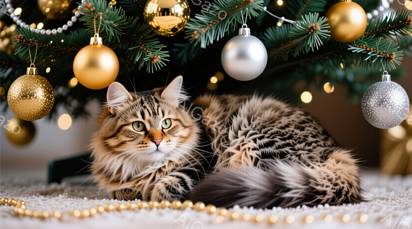 長毛の猫がクリスマスの飾り付けられたツリーの下に横たわっています。猫は縞模様の毛並みで、緑色の目を持ち、落ち着いた表情でカメラを見つめています。背景にはぼやけたクリスマスツリーの光と装飾があり、温かく - AI生成フリー素材