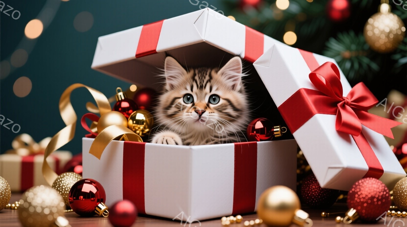 小さな縞模様の子猫が、赤いリボンで結ばれた白いギフトボックスの中に座っています。背景には、キラキラと輝くクリスマスオーナメントや、ぼやけた緑色のクリスマスツリーが見え、お祝いの雰囲気が漂っています。子猫は好奇心に満ちた表情でカメラを見つめており、全体的に温かく幸せなイメージです。