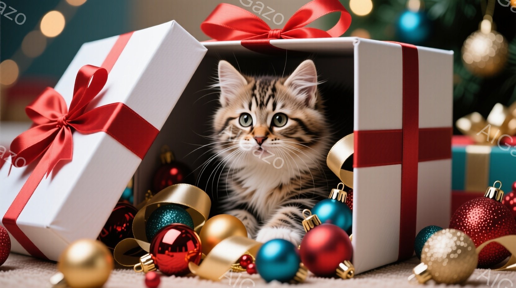 白いギフトボックスの中に、縞模様の小さな子猫が丸まって座っています。子猫は好奇心と遊び心に満ちた表情で、周りの色とりどりのクリスマスオーナメントを見つめています。背景にはぼやけたクリスマスツリーの光が - AI生成フリー素材