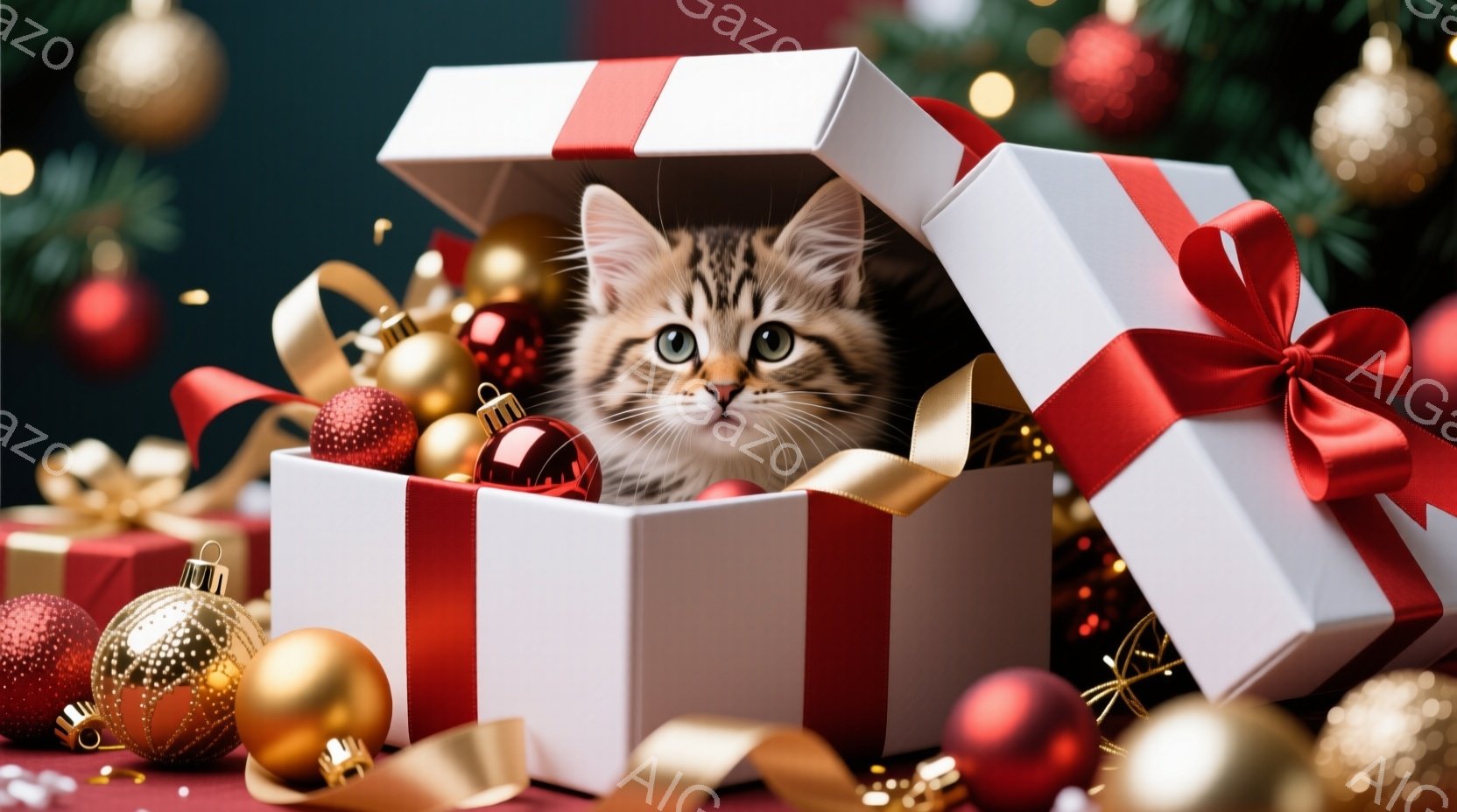 白いギフトボックスの中から、縞模様の小さな子猫が顔を出しています。周りには赤い、金色のオーナメントやリボンが散らばり、背景にはクリスマスツリーが見えます。暖かく、お祝いムードに満ちた、可愛らしい雰囲気 - AI生成フリー素材