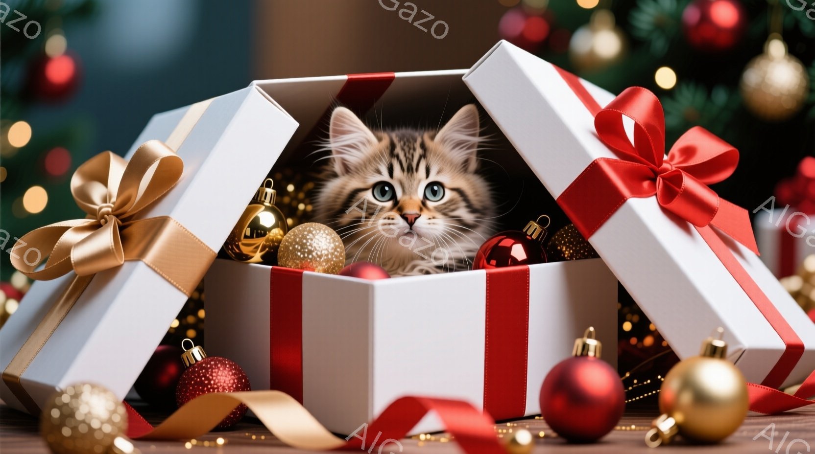 白いギフトボックスの中に、縞模様の小さな子猫が丸まって座っています。子猫は緑色の目をしており、好奇心と遊び心にあふれた表情をしています。背景には赤いオーナメントや金色のリボンが散りばめられ、クリスマス - AI生成フリー素材
