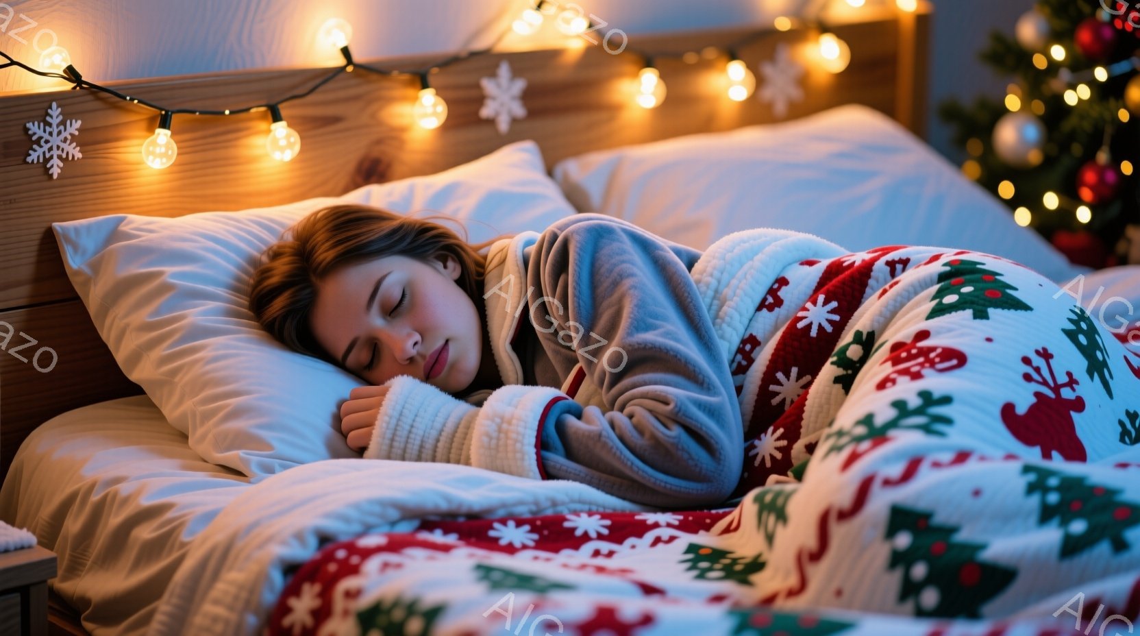 若い女性がベッドの上で毛布にくるまって眠っています。彼女は暖かいグレーのパーカーを着ており、長い髪はベッドに広がっています。背景には、クリスマスツリーとキラキラ光る電飾があり、暖かく心地よい雰囲気を醸 - AI生成フリー素材