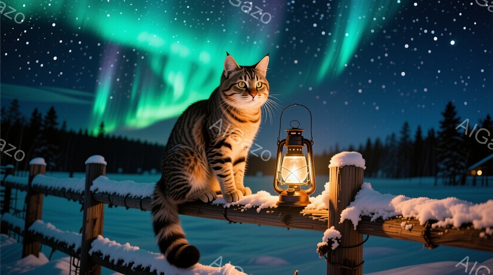 雪に覆われた木製の柵の上に座っている縞模様の猫が描かれています。猫は前方をまっすぐ見つめ、落ち着いた表情をしています。背景には、オーロラが輝く夜空と、遠くに見える建物と雪に覆われた木々が広がっており、 - AI生成フリー素材