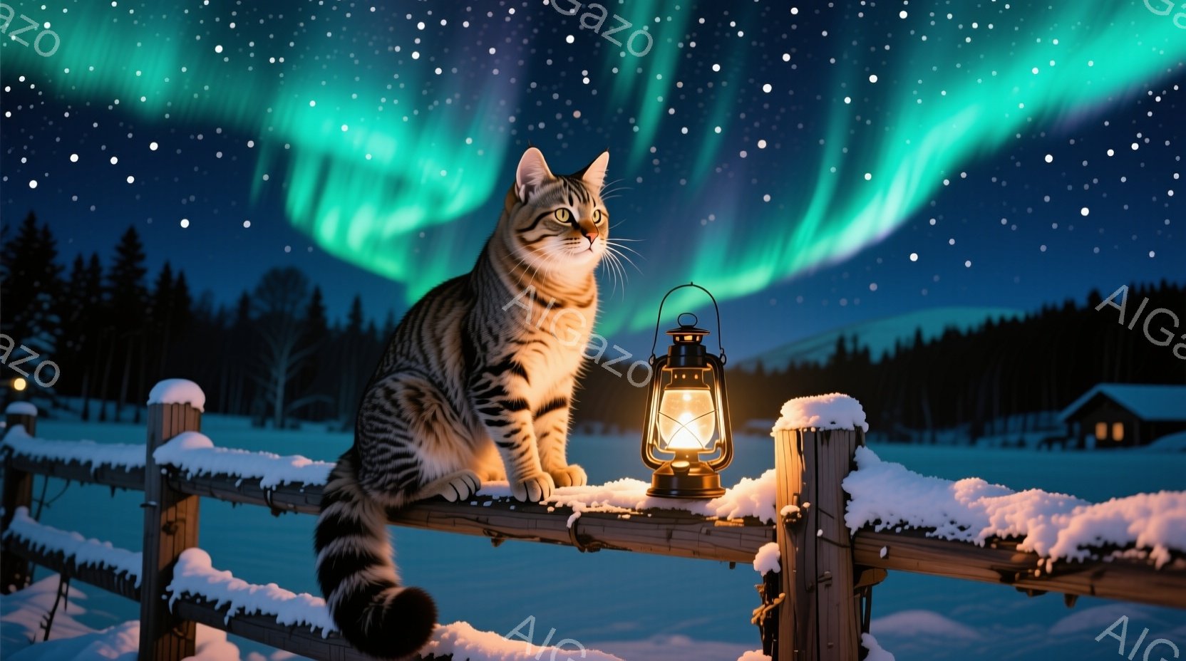 雪に覆われた木製の柵に、縞模様の猫が座っている。猫は前方をじっと見つめ、冬の夜空に広がるオーロラを背景に、静かで神秘的な雰囲気を醸し出している。遠くには、雪景色の中に灯りがともる建物が見え、穏やかで寒々とした冬の夜の情景が広がっている。