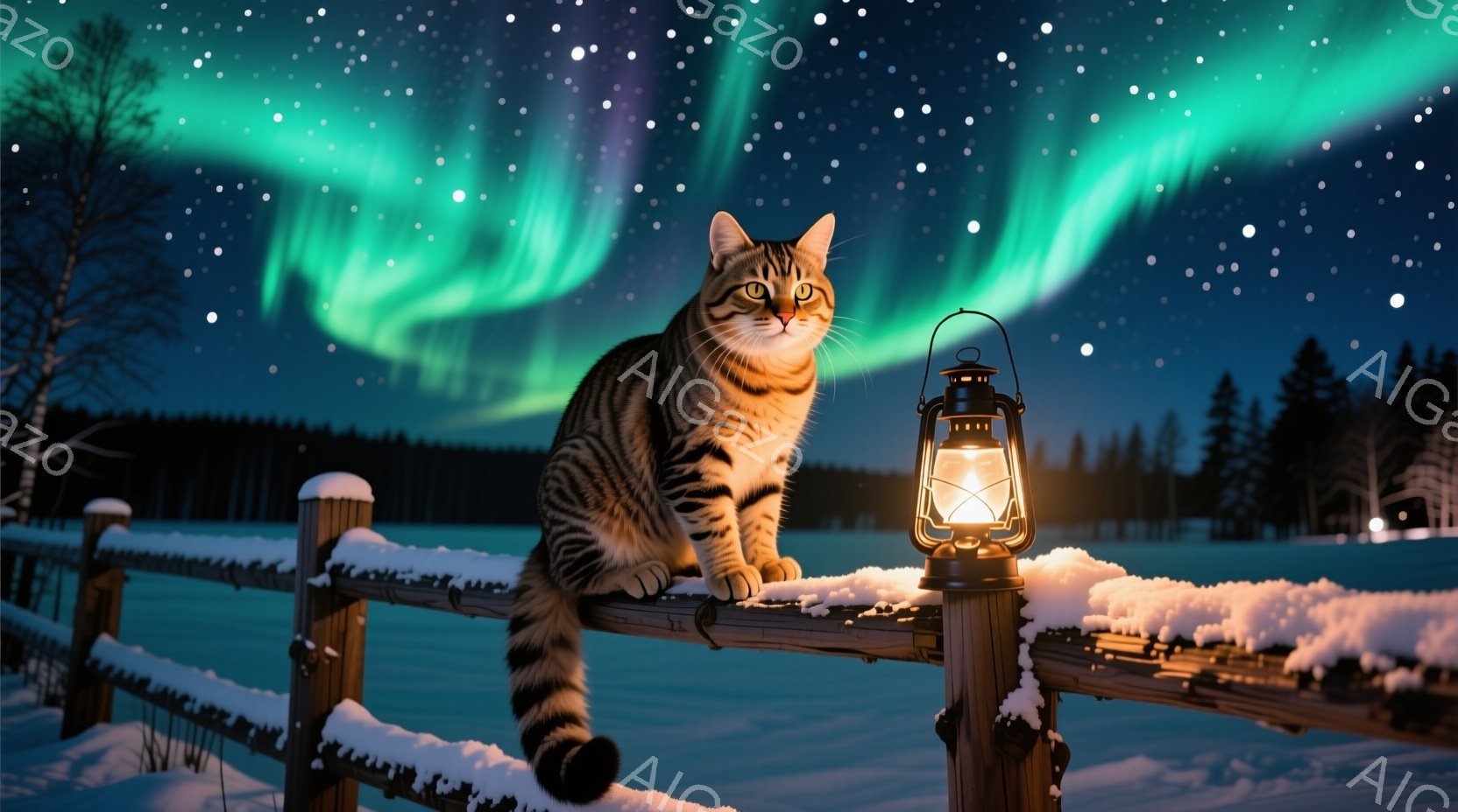 縞模様の猫が雪に覆われた柵の上に座り、遠くに見えるオーロラを眺めている。柵の上には暖かく光るランタンが置かれ、周囲は雪景色が広がり、背景には針葉樹林が確認できる。全体的に静かで幻想的な冬の夜の雰囲気が - AI生成フリー素材