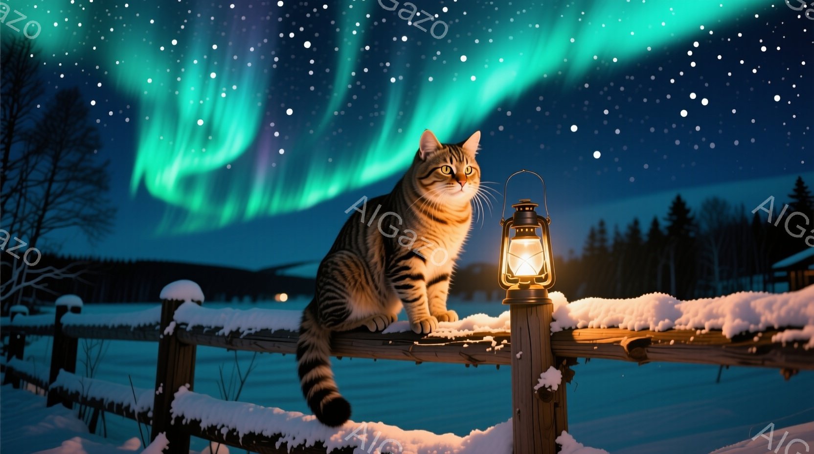 縞模様の猫が雪に覆われた木製の柵の上に座り、遠くの森林を見つめている。背景には、緑と青のオーロラが夜空を彩り、雪景色とコントラストを描いている。柵の近くには点灯したランタンがあり、暖かく幻想的な雰囲気 - AI生成フリー素材