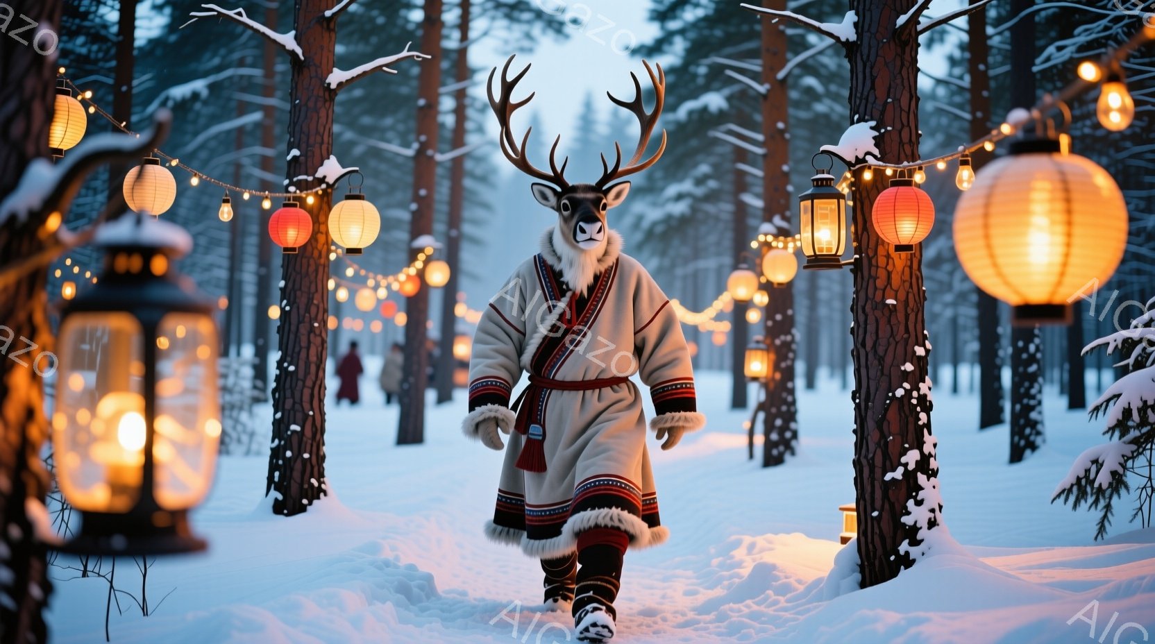 雪に覆われた森林の中を、トナカイの頭を持つ人物が民族衣装のような白い長衣を身に着けて歩いている。周囲の木々には、暖かく輝く提灯が飾られ、遠くには雪景色の中に人影が見える。全体的に幻想的で、冬の暖かい祝祭のような雰囲気を醸し出している。