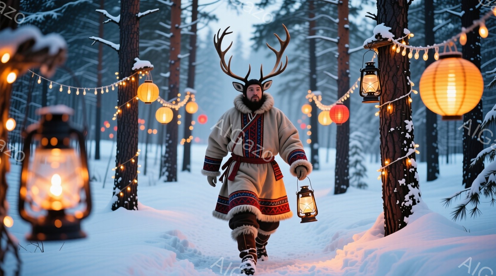 雪に覆われた森林の中を、トナカイの角をつけた男性が歩いている。彼は伝統的な模様の白い衣装と黒いブーツを身に着け、両手に提灯を持っており、表情は穏やかでどこか神秘的だ。背景には雪で覆われた木々が立ち並び - AI生成フリー素材